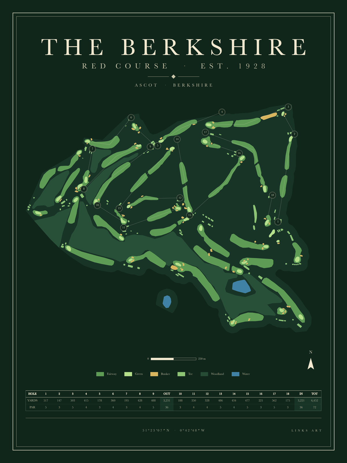 The Berkshire Red Course golf course map poster, Fescue, portrait