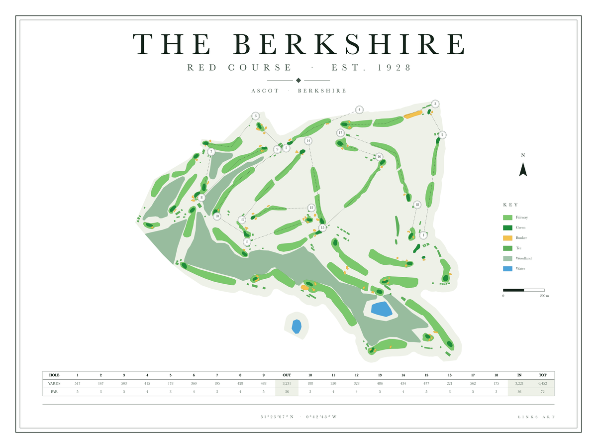The Berkshire Red Course golf course map poster, Chalk, landscape