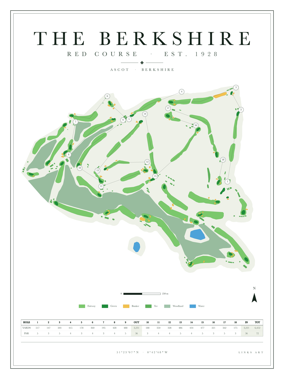 The Berkshire Red Course golf course map poster, Chalk, portrait