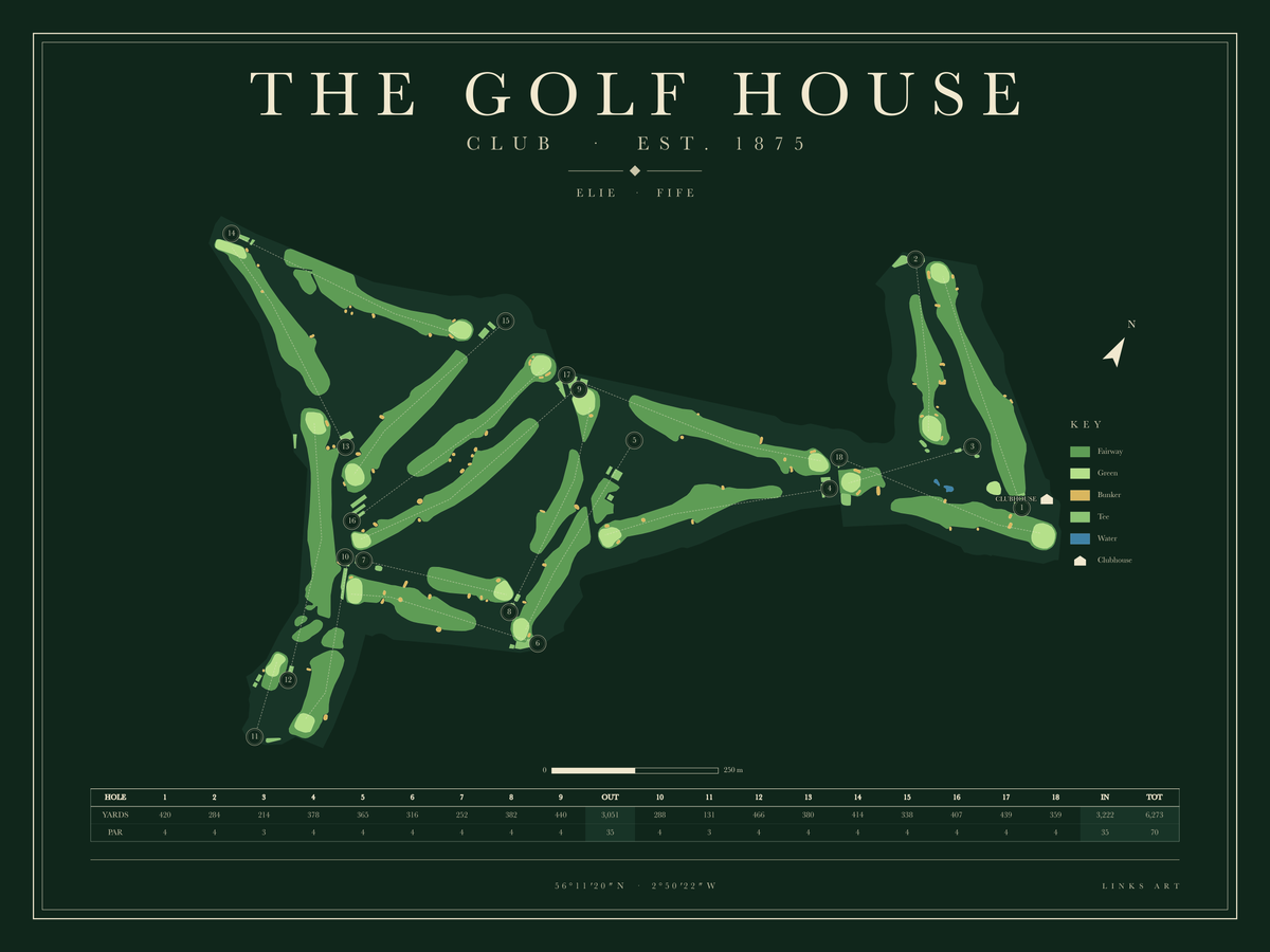 The Golf House golf course map poster, Fescue, landscape