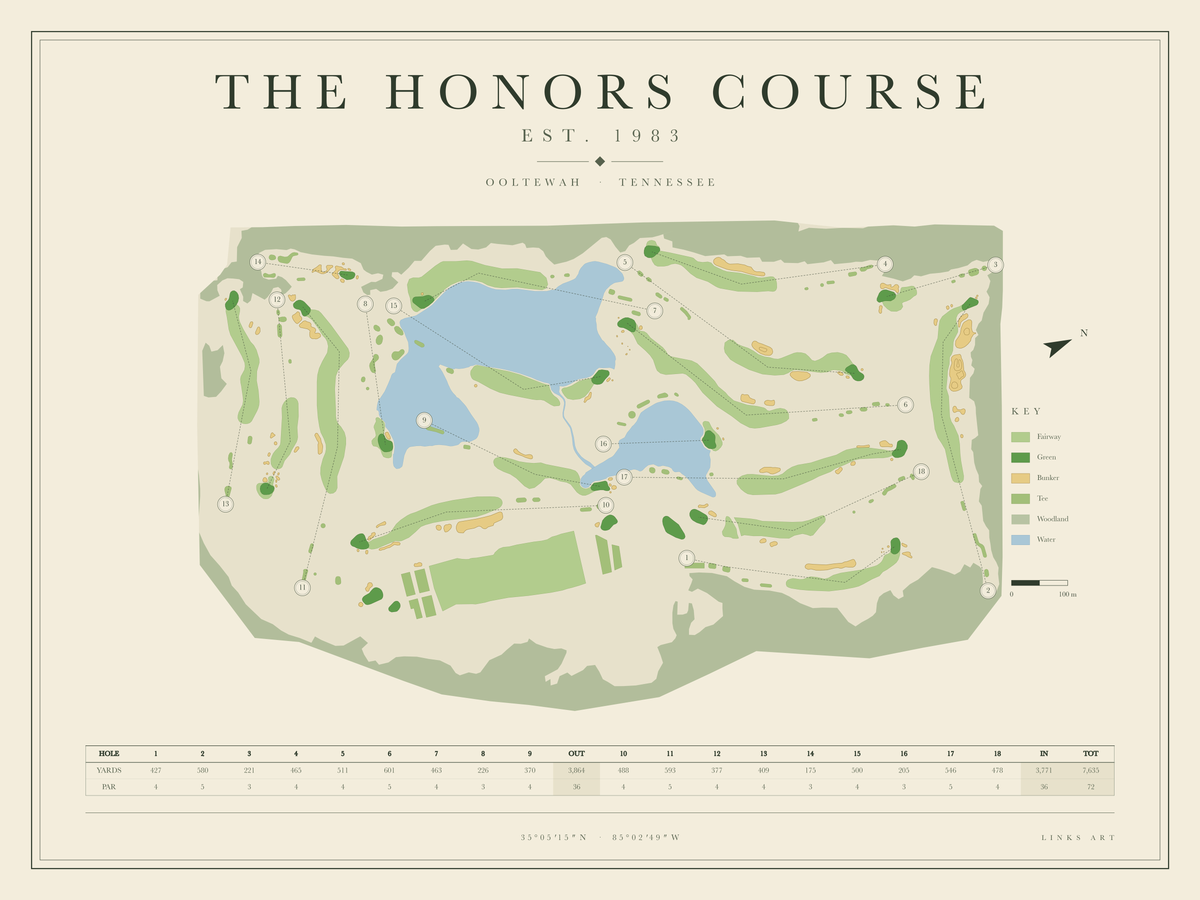 The Honors Course golf course map poster, landscape