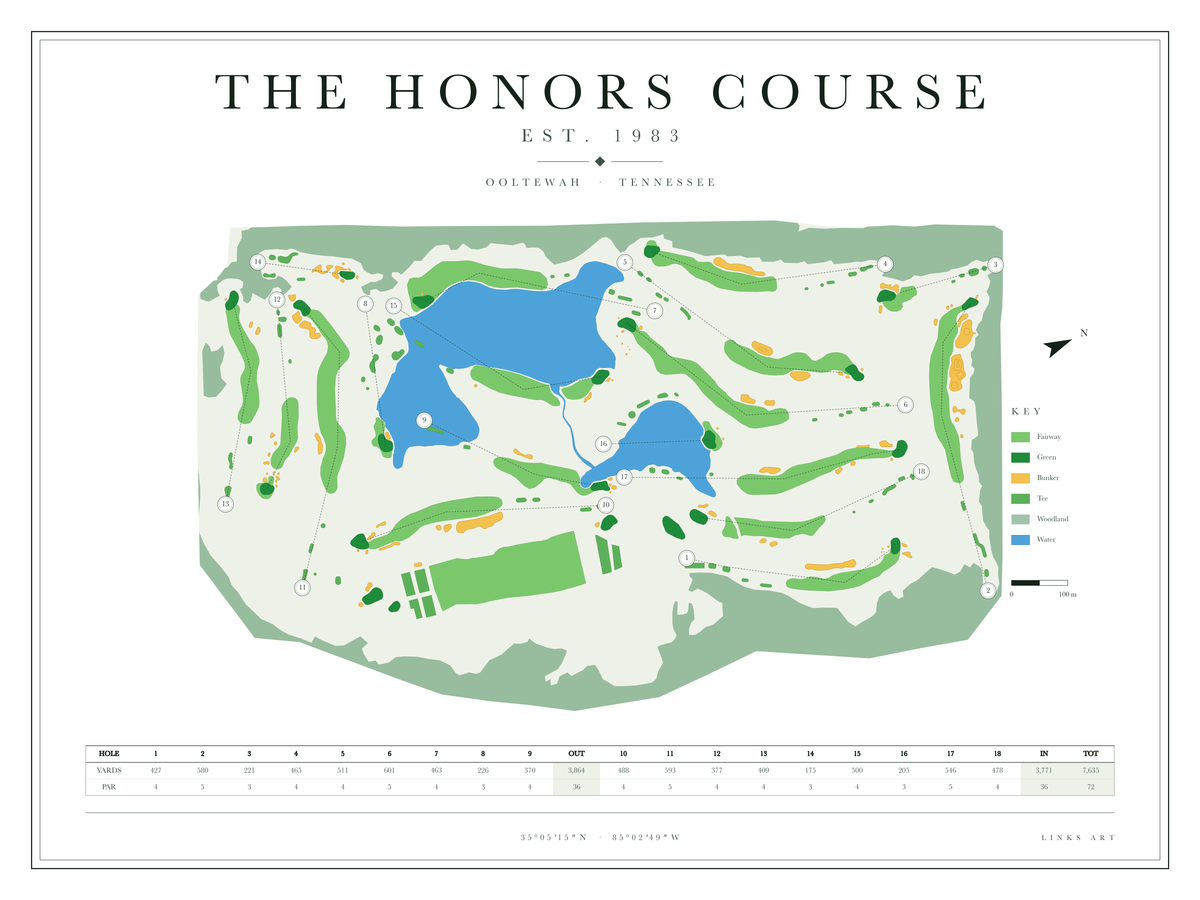 The Honors Course golf course map poster, Chalk, landscape