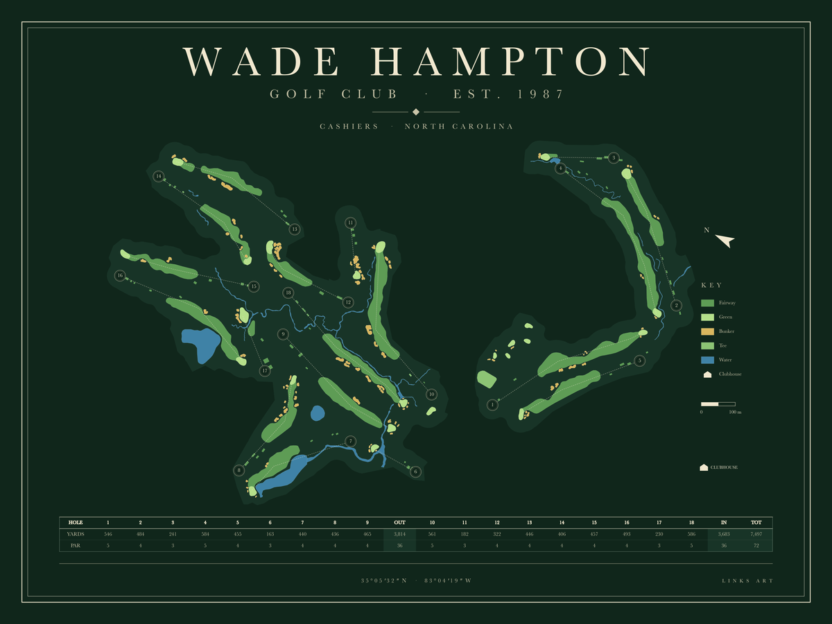 Wade Hampton golf course map poster, Fescue, landscape