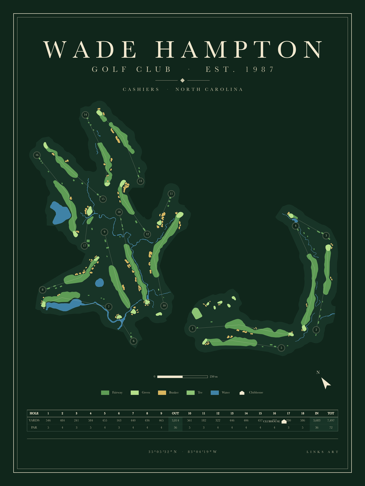 Wade Hampton golf course map poster, Fescue, portrait
