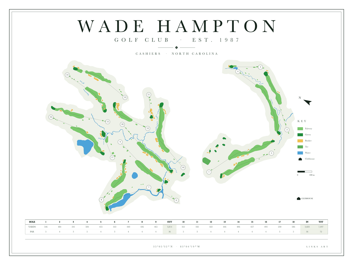 Wade Hampton golf course map poster, Chalk, landscape