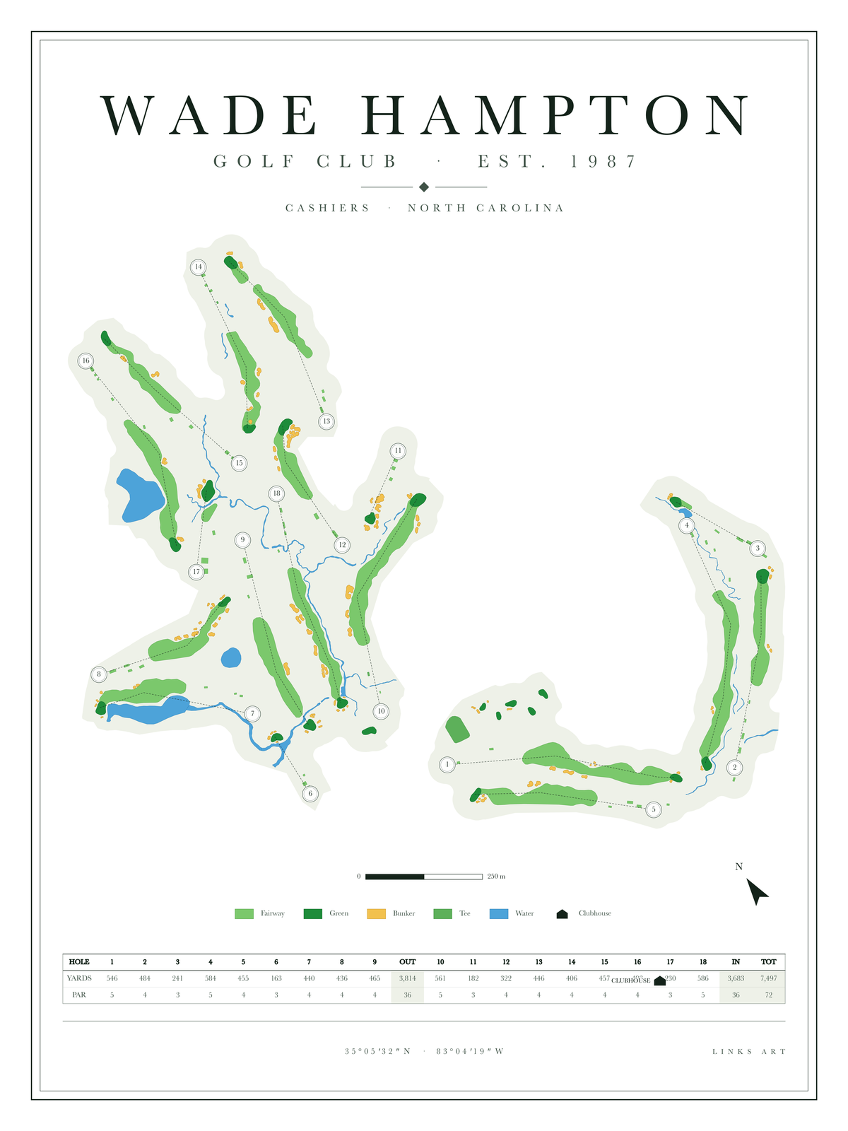 Wade Hampton golf course map poster, Chalk, portrait