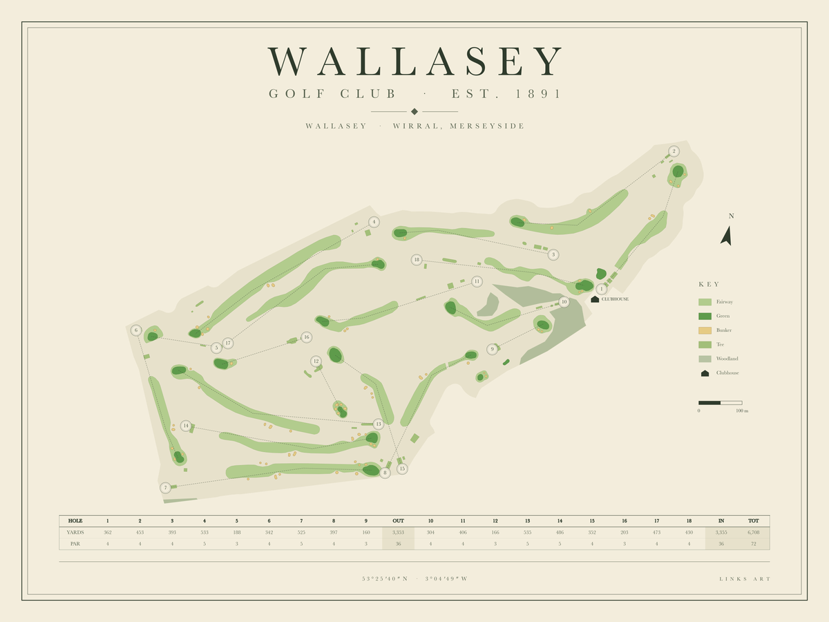 Wallasey golf course map poster, landscape