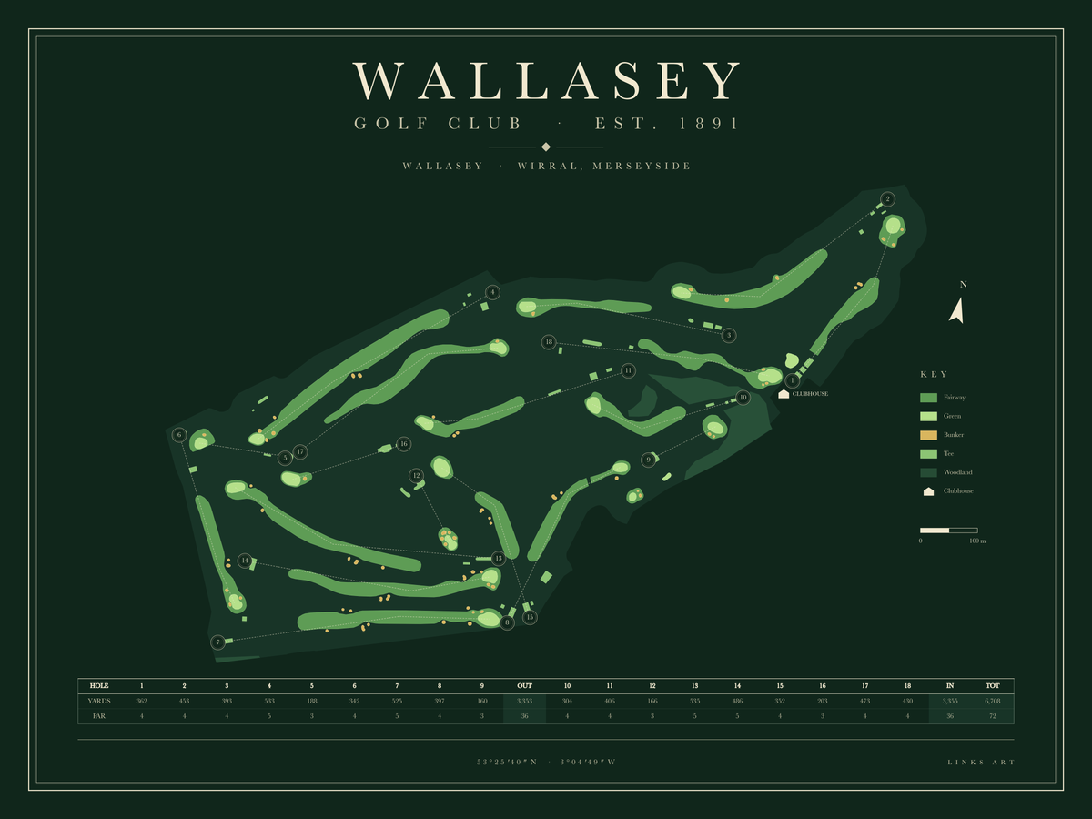 Wallasey golf course map poster, Fescue, landscape