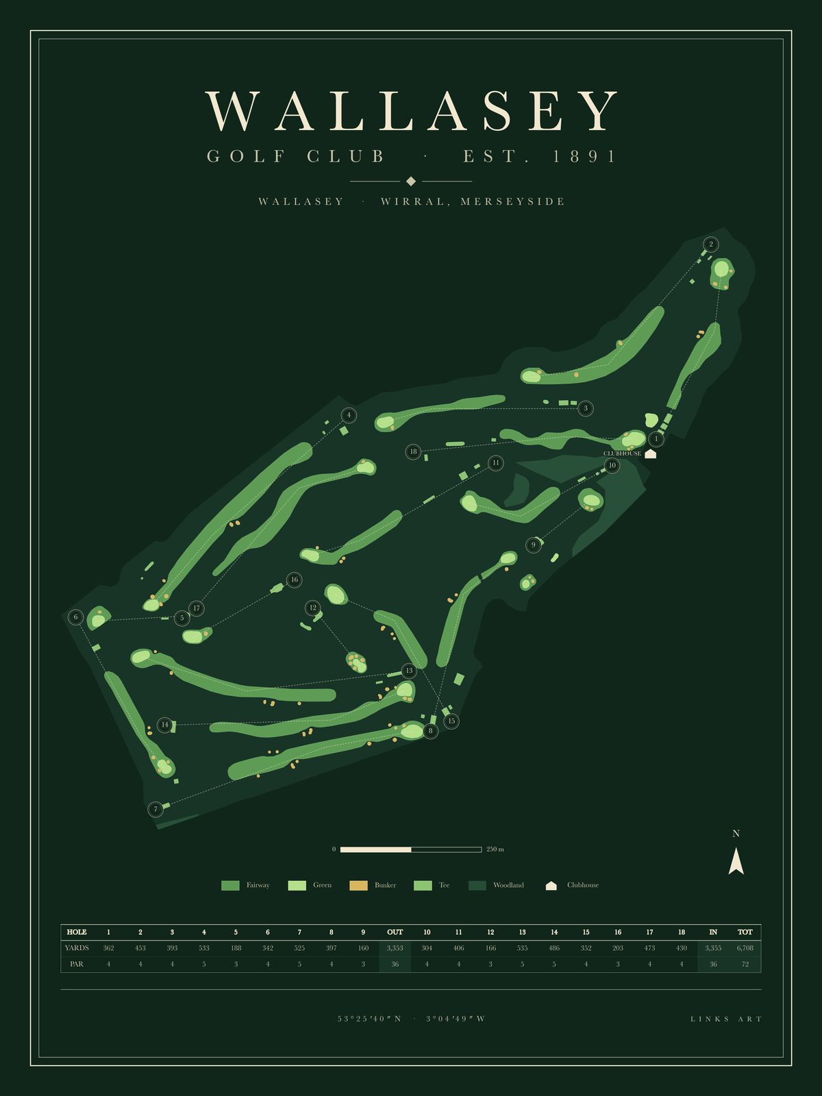 Wallasey golf course map poster, Fescue, portrait