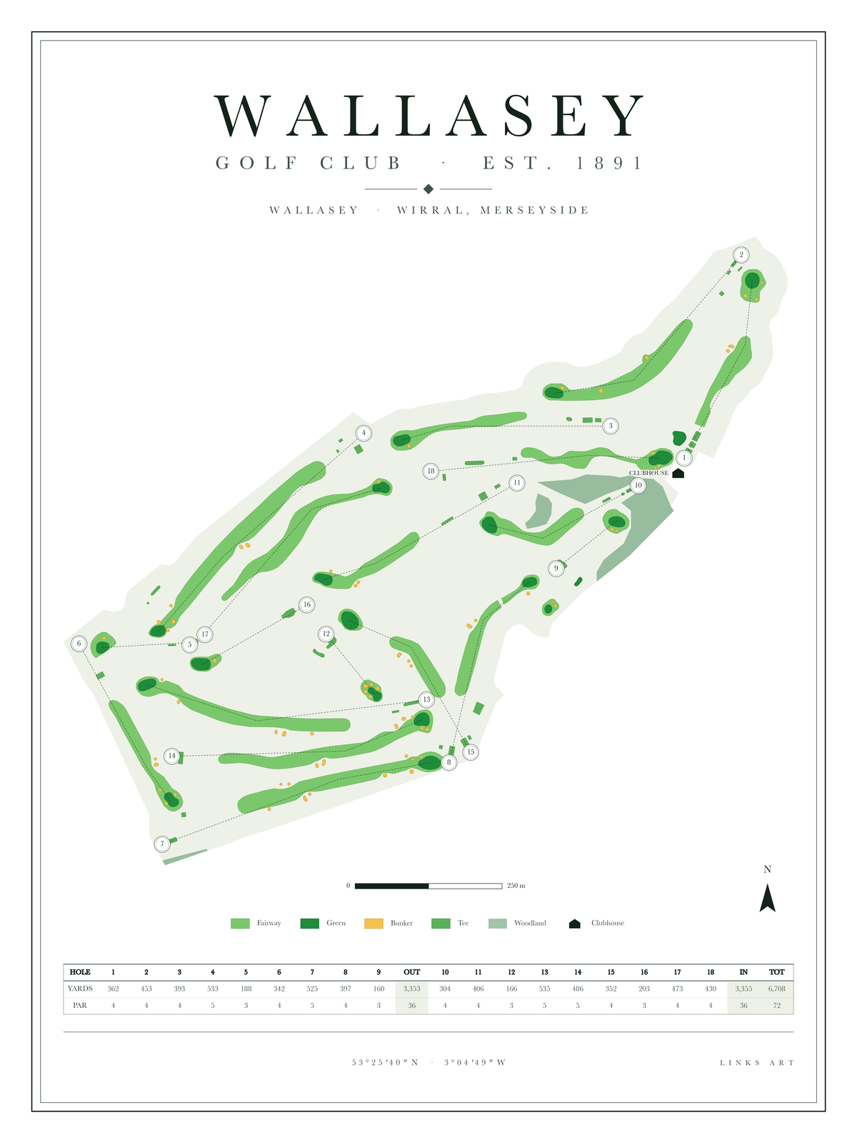 Wallasey golf course map poster, Chalk, portrait