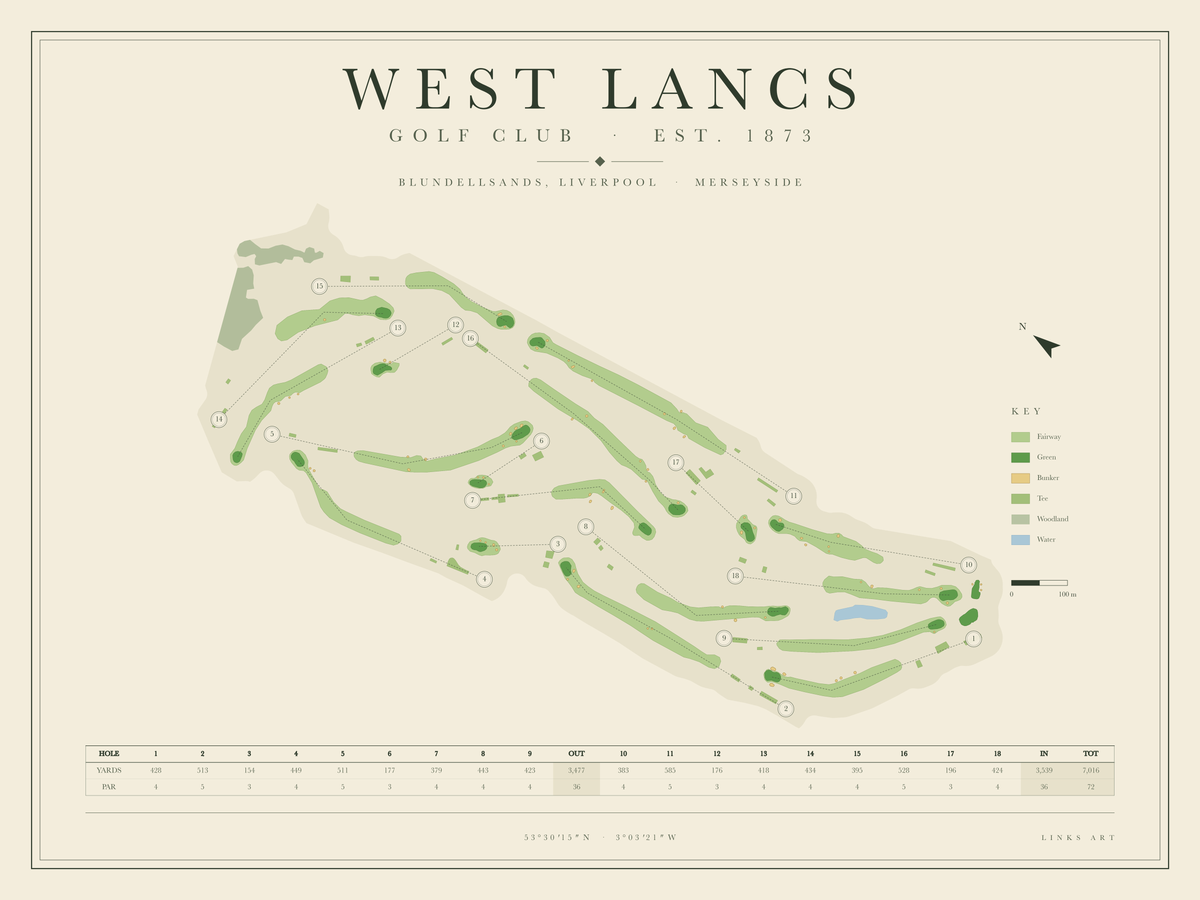 West Lancs golf course map poster, landscape