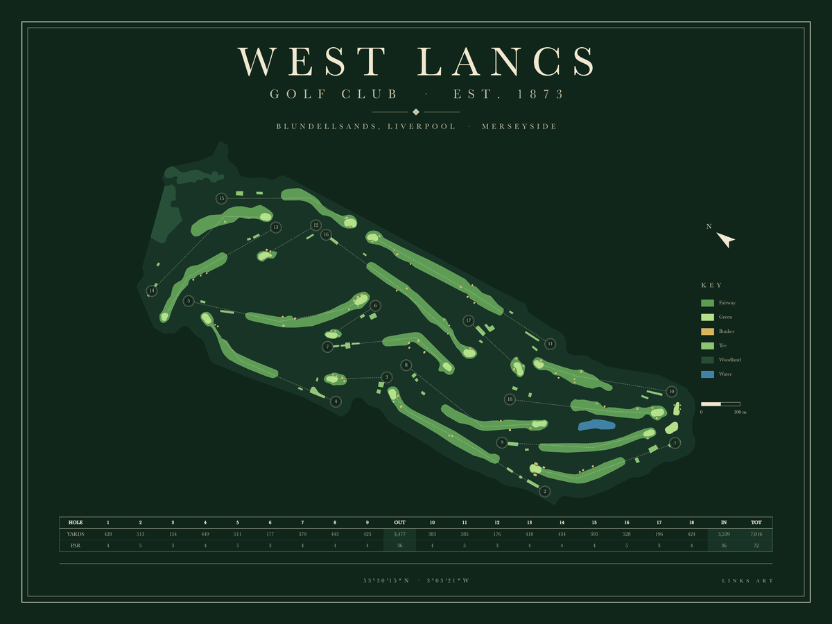 West Lancs golf course map poster, Fescue, landscape