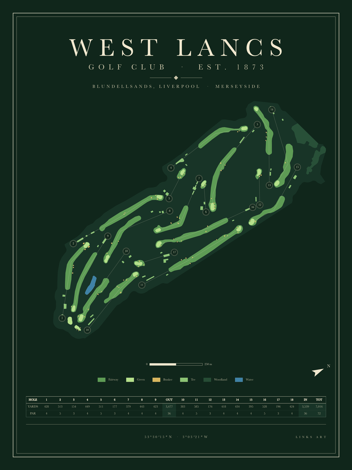 West Lancs golf course map poster, Fescue, portrait