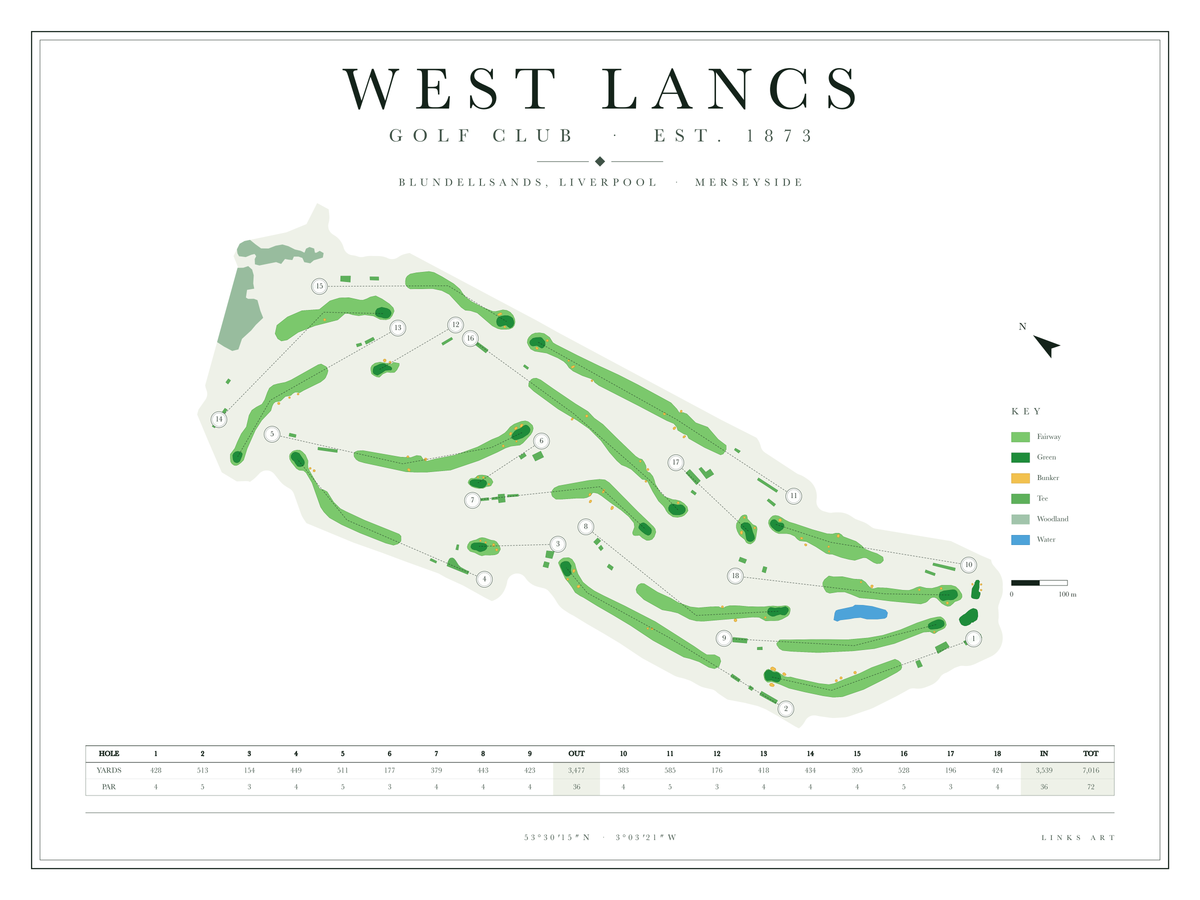 West Lancs golf course map poster, Chalk, landscape