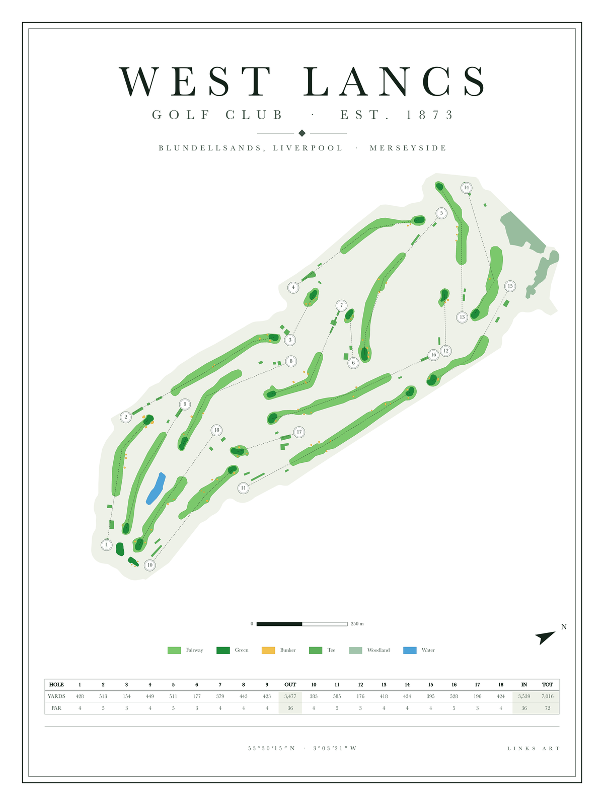 West Lancs golf course map poster, Chalk, portrait
