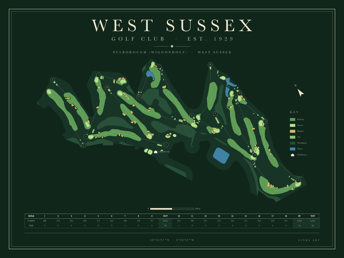 West Sussex golf course map poster, Fescue, landscape