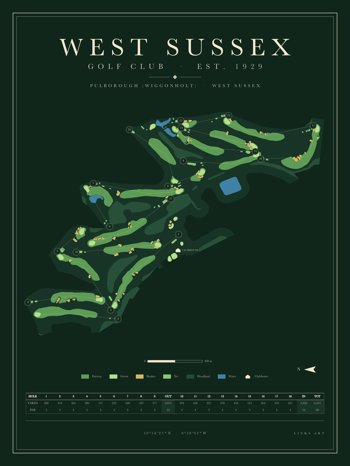 West Sussex golf course map poster, Fescue, portrait