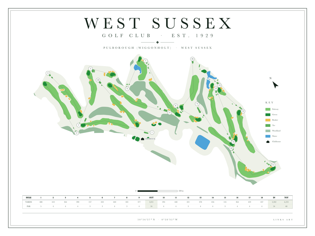 West Sussex golf course map poster, Chalk, landscape