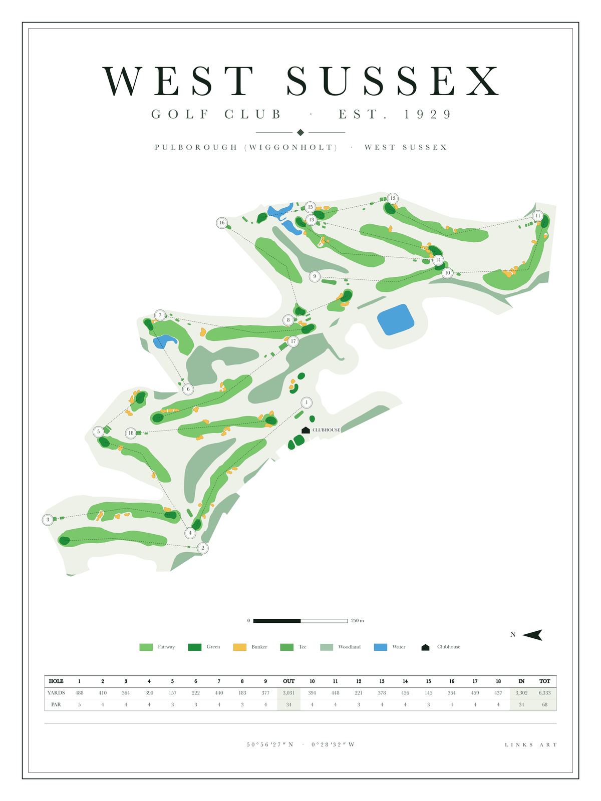 West Sussex golf course map poster, Chalk, portrait