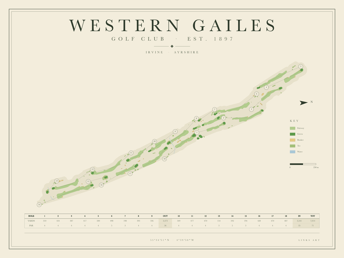 Western Gailes golf course map poster, landscape