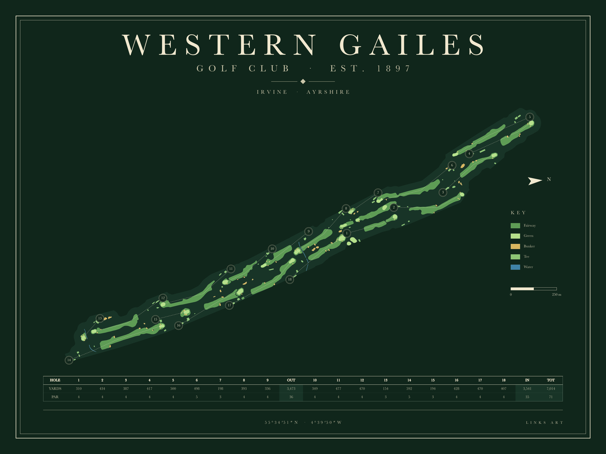 Western Gailes golf course map poster, Fescue, landscape