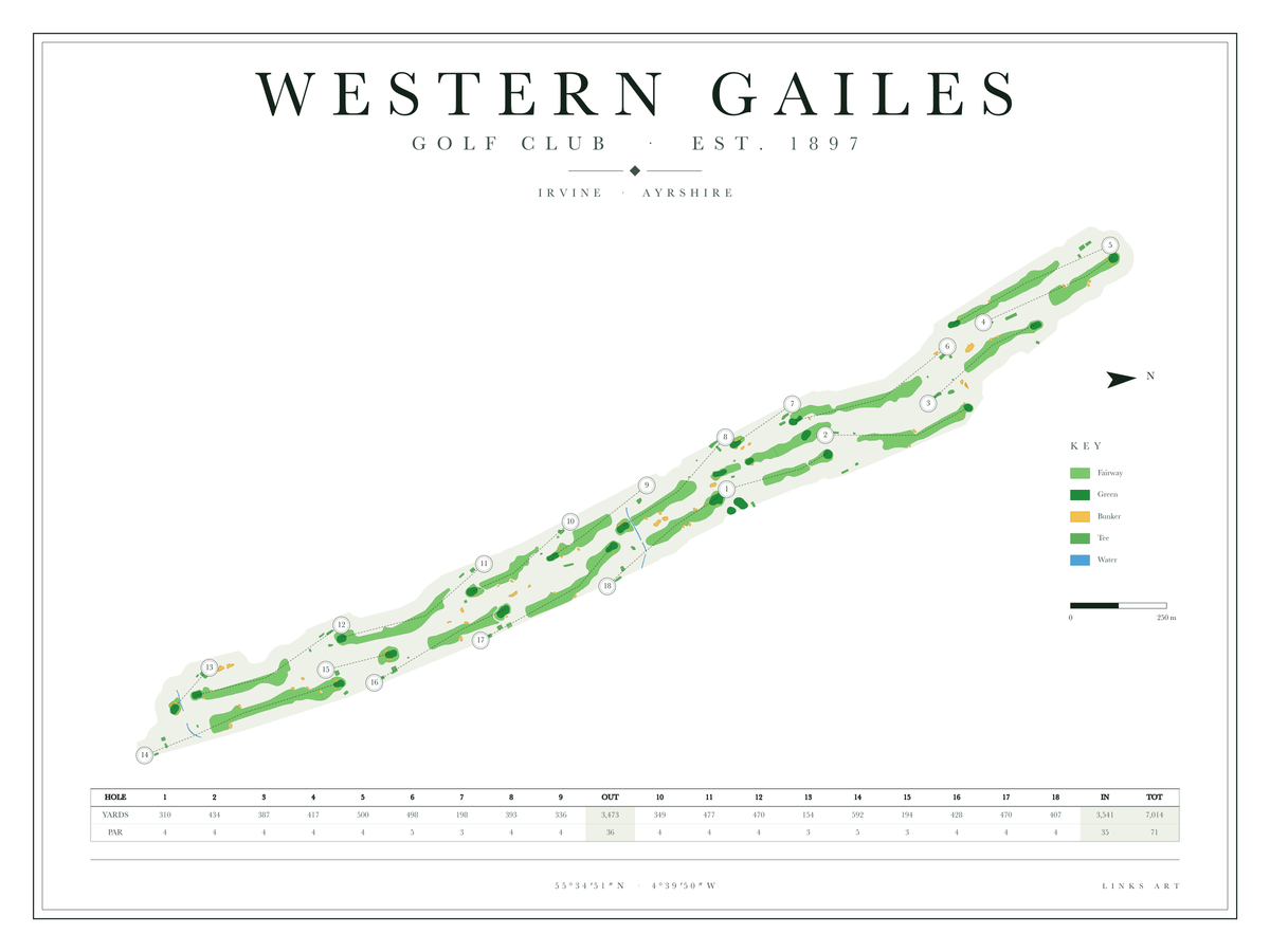 Western Gailes golf course map poster, Chalk, landscape