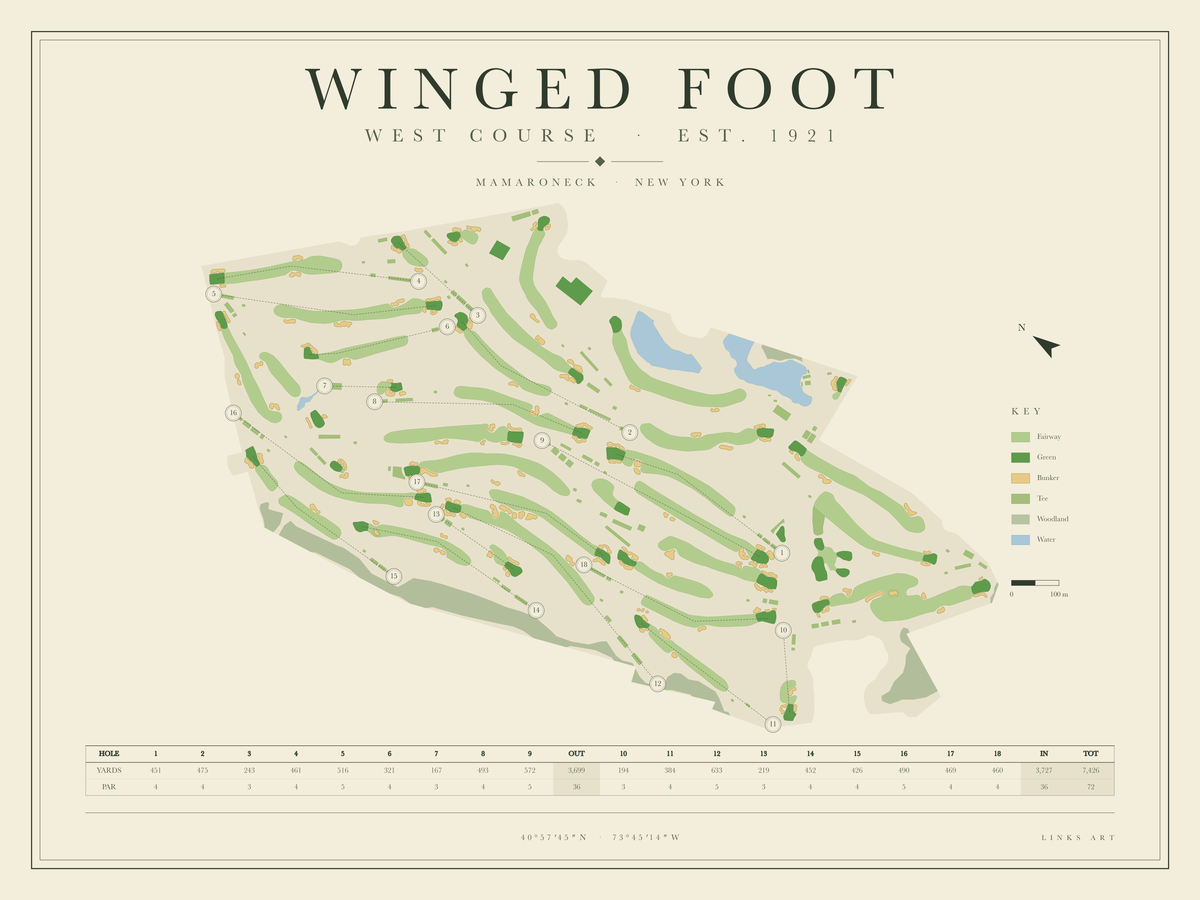 Winged Foot West Course golf course map poster, landscape