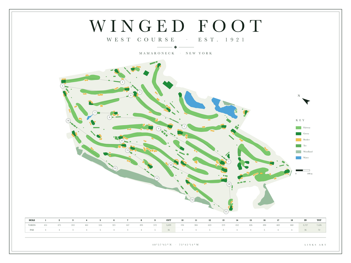 Winged Foot West Course golf course map poster, Chalk, landscape