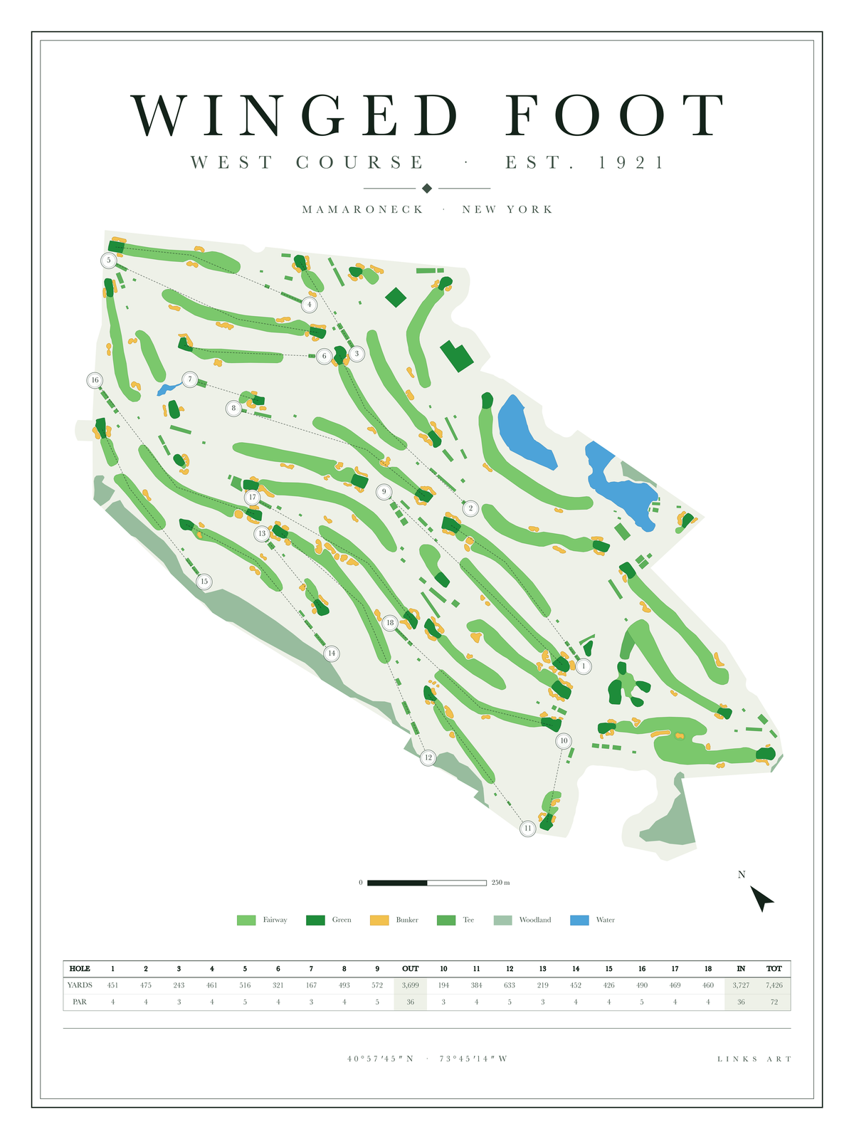 Winged Foot West Course golf course map poster, Chalk, portrait