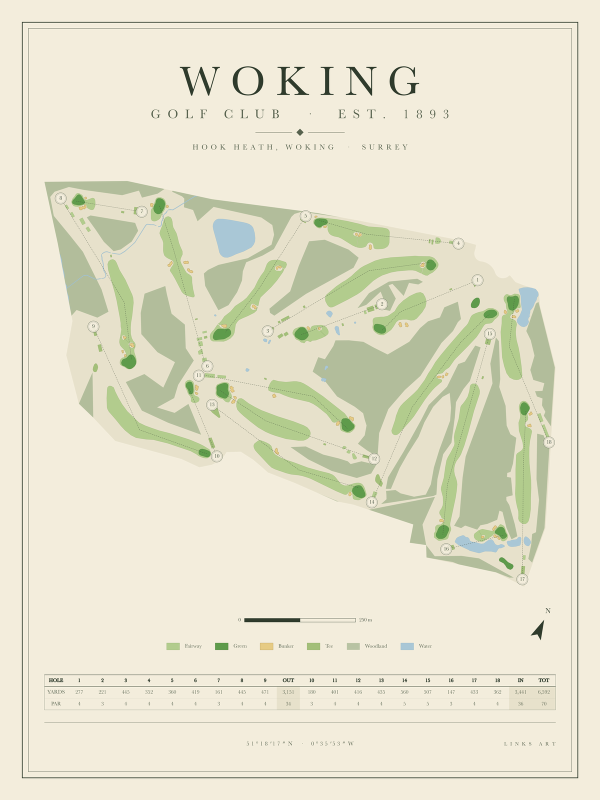 Woking golf course map poster, portrait
