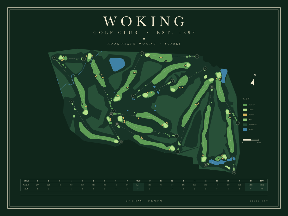 Woking golf course map poster, Fescue, landscape