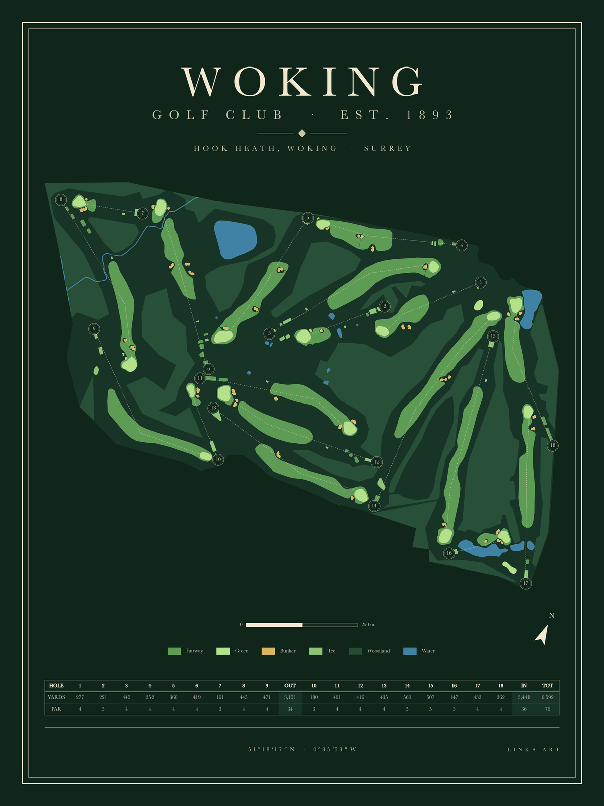 Woking golf course map poster, Fescue, portrait
