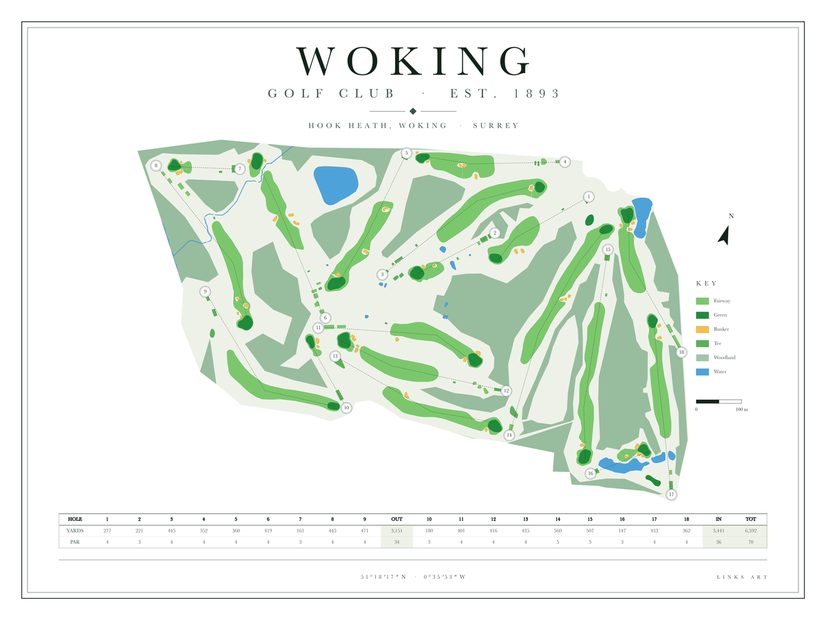 Woking golf course map poster, Chalk, landscape