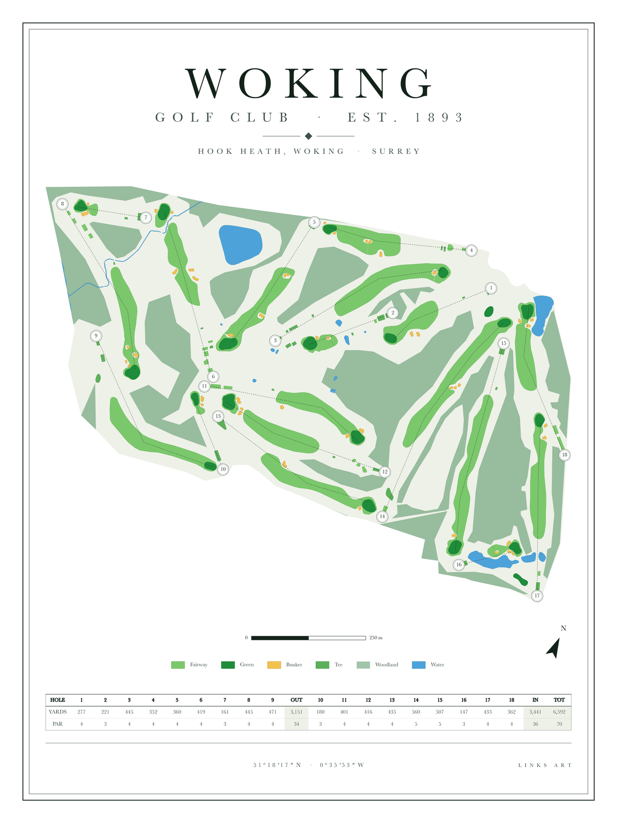 Woking golf course map poster, Chalk, portrait