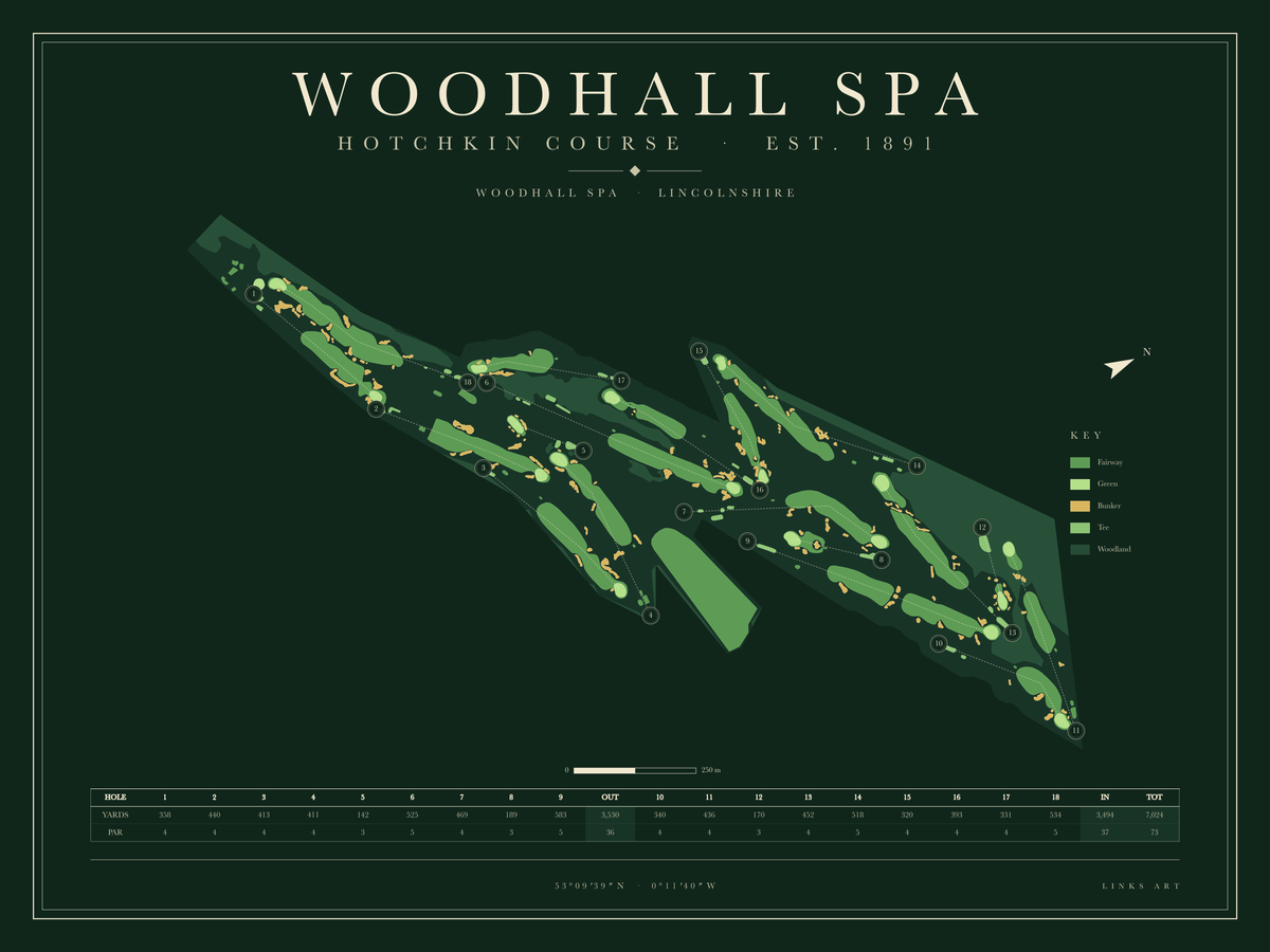 Woodhall Spa Hotchkin Course Map golf course map poster, Fescue, landscape