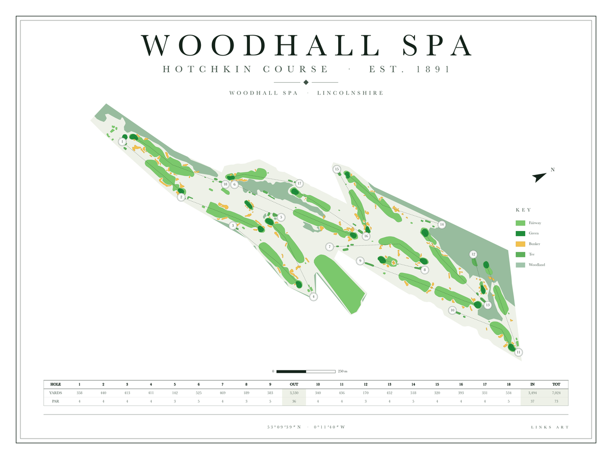 Woodhall Spa Hotchkin Course Map golf course map poster, Chalk, landscape